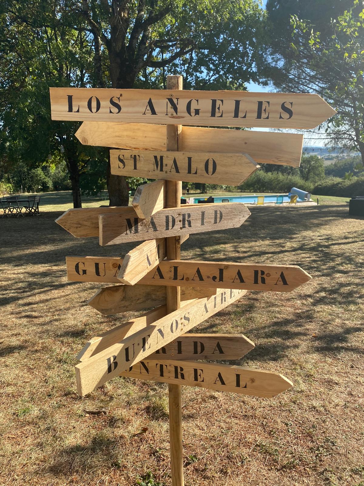 Panneau directionnel décoratif en bois dans le parc du domaine - décoration mariage champêtre Tarn