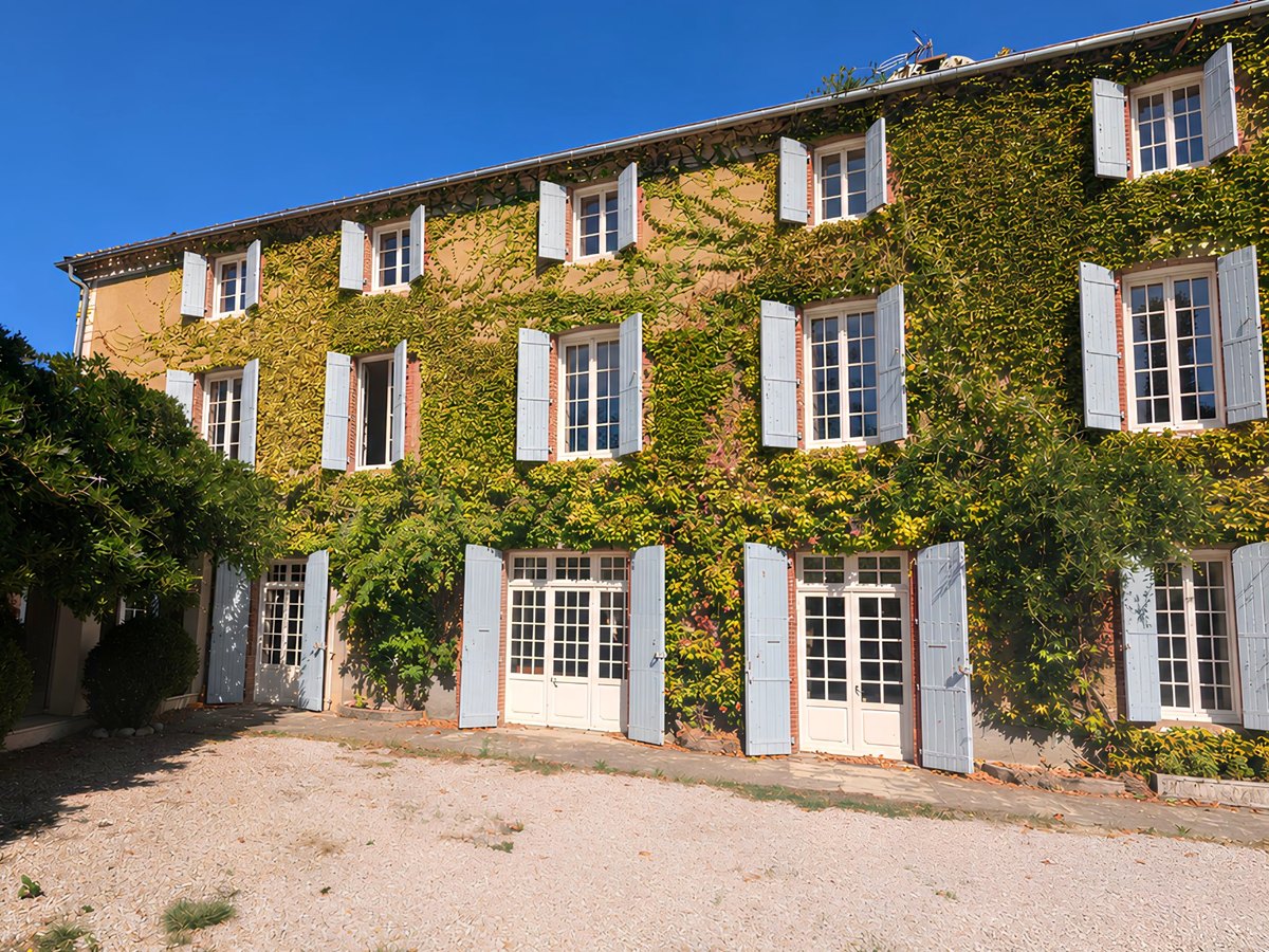 The house front covered in russet Virginia creeper in October, framed by the trees of the park