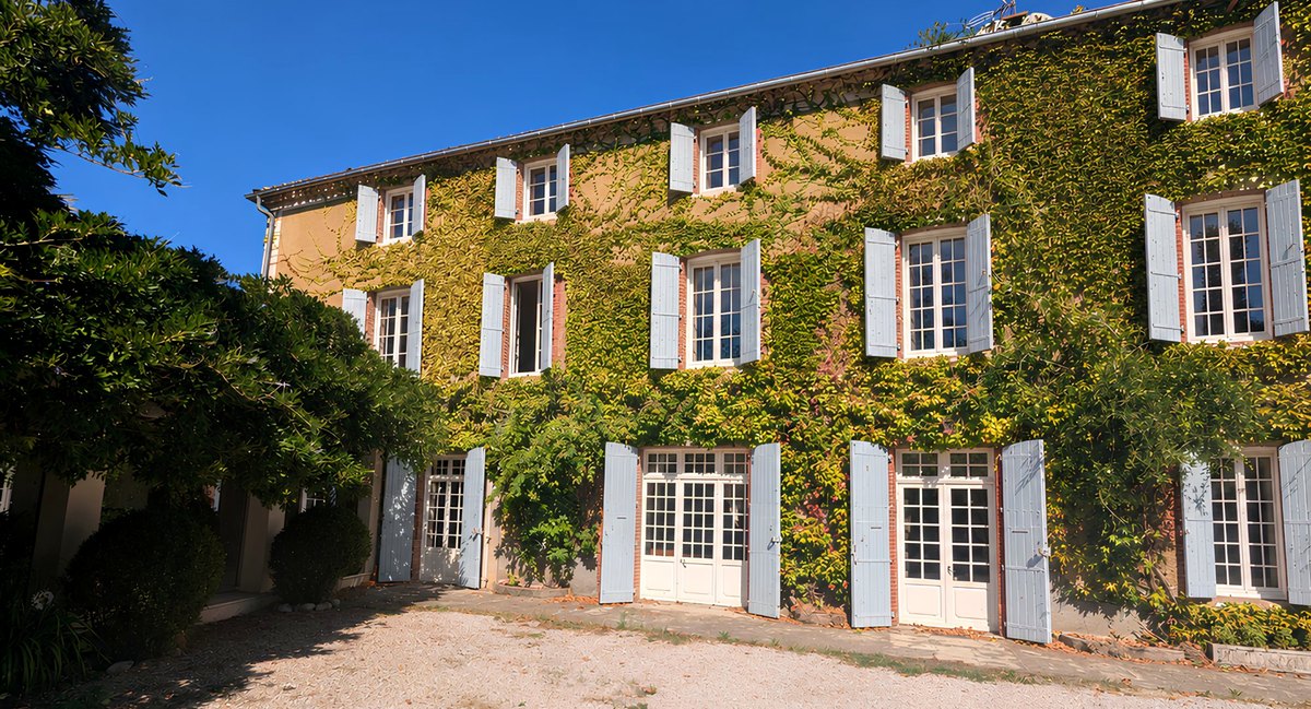 The front of the manor house, every shutter folded back and the French doors open, under its Virginia creeper